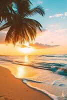 AI generated Sunny exotic beach by the ocean with palm trees at sunset summer vacation Generate AI photo