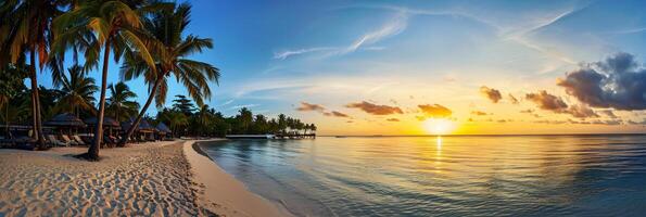 AI generated Sunny exotic beach by the ocean with palm trees at sunset summer vacation Generate AI photo