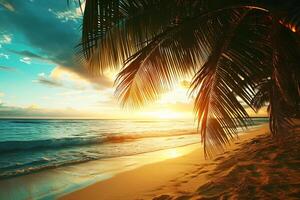 AI generated Sunny exotic beach by the ocean with palm trees at sunset summer vacation Generate AI photo