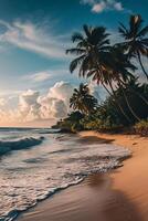 AI generated Sunny exotic beach by the ocean with palm trees at sunset summer vacation Generate AI photo