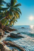 AI generated Sunny exotic beach by the ocean with palm trees at sunset summer vacation Generate AI photo