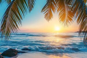 AI generated Sunny exotic beach by the ocean with palm trees at sunset summer vacation Generate AI photo