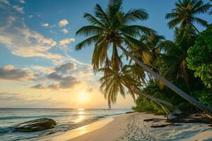 AI generated Sunny exotic beach by the ocean with palm trees at sunset summer vacation Generate AI photo