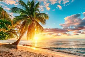 AI generated Sunny exotic beach by the ocean with palm trees at sunset summer vacation Generate AI photo