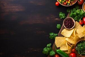 AI generated Top view fresh mexican food with nachos copy space generative AI photo