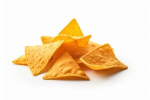 ai generado maíz papas fritas de triangular forma erigir por levitación en un blanco antecedentes generativo ai foto