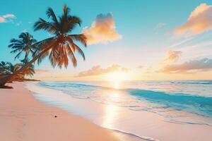 AI generated Sunny exotic beach by the ocean with palm trees at sunset summer vacation Generate AI photo