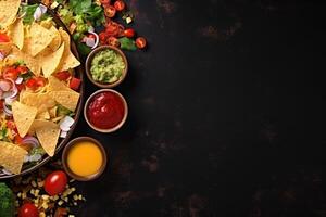 AI generated Top view fresh mexican food with nachos copy space generative AI photo