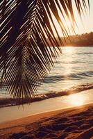 AI generated Sunny exotic beach by the ocean with palm trees at sunset summer vacation Generate AI photo