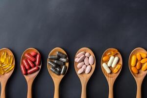 AI generated top view of antioxidants vitamin pills drug capsule generative AI photo