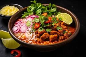AI generated Top view on appetizing pozole bowl Generative AI photo