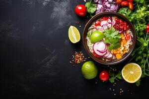 AI generated Top view on appetizing pozole bowl Generative AI photo