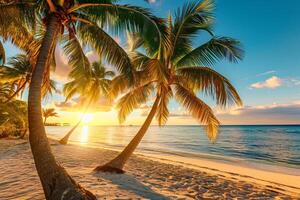 AI generated Sunny exotic beach by the ocean with palm trees at sunset summer vacation Generate AI photo