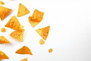 ai generado maíz papas fritas de triangular forma erigir por levitación en un blanco antecedentes generativo ai foto