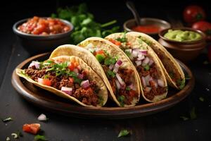 AI generated Mexican tacos with beef in tomato sauce and salsa Generative AI photo