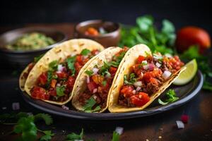 AI generated Mexican tacos with beef in tomato sauce and salsa Generative AI photo