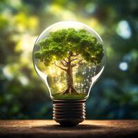 AI generated Photo tree growing on light bulb with sunshine generative AI