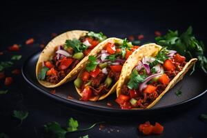 AI generated Mexican tacos with beef in tomato sauce and salsa Generative AI photo