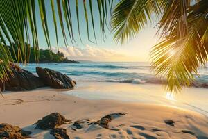 AI generated Sunny exotic beach by the ocean with palm trees at sunset summer vacation Generate AI photo