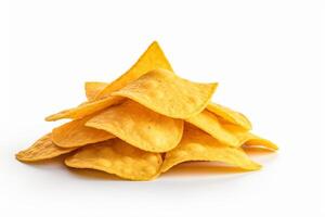 AI generated Corn chips of triangular shape levitate on a white background Generative AI photo