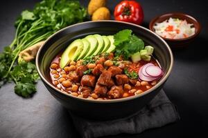 AI generated Top view on appetizing pozole bowl Generative AI photo