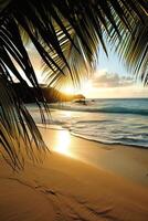 AI generated Sunny exotic beach by the ocean with palm trees at sunset summer vacation Generate AI photo