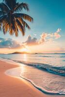 AI generated Sunny exotic beach by the ocean with palm trees at sunset summer vacation Generate AI photo