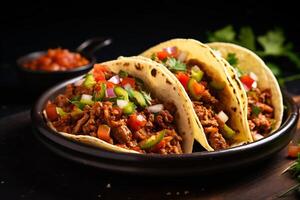 AI generated Mexican tacos with beef in tomato sauce and salsa Generative AI photo