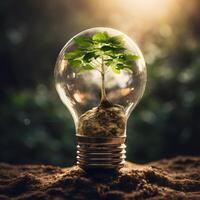 AI generated Photo tree growing on light bulb with sunshine generative AI