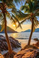 AI generated Sunny exotic beach by the ocean with palm trees at sunset summer vacation Generate AI photo