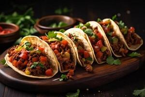 AI generated Mexican tacos with beef in tomato sauce and salsa Generative AI photo