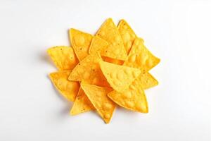 AI generated Corn chips of triangular shape levitate on a white background Generative AI photo