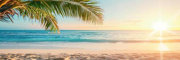 AI generated Sunny exotic beach by the ocean with palm trees at sunset summer vacation Generate AI photo