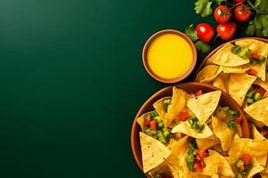 AI generated Top view fresh mexican food with nachos copy space generative AI photo