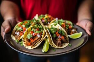 AI generated Close up person holding plate with taco Generative AI photo