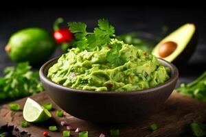 AI generated High angle tasty guacamole in bowl copy space concept Generate AI photo