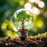 AI generated Photo tree growing on light bulb with sunshine generative AI