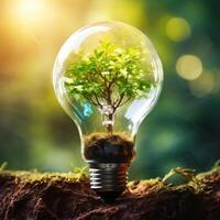 AI generated Photo tree growing on light bulb with sunshine generative AI