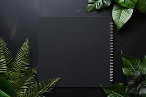 ai generado minimalista negro antecedentes con ordenador portátil bloc generativo ai foto