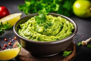 AI generated High angle tasty guacamole in bowl copy space concept Generate AI photo