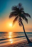 AI generated Sunny exotic beach by the ocean with palm trees at sunset summer vacation Generate AI photo