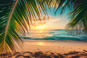 AI generated Sunny exotic beach by the ocean with palm trees at sunset summer vacation Generate AI photo