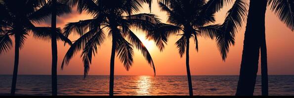 AI generated Sunny exotic beach by the ocean with palm trees at sunset summer vacation Generate AI photo