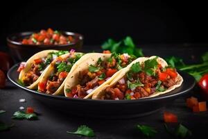 ai generado mexicano tacos con carne de vaca en tomate salsa y salsa generativo ai foto
