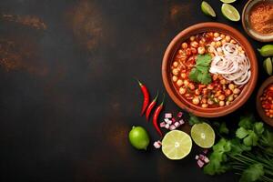 AI generated Top view on appetizing pozole bowl Generative AI photo