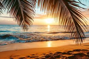 AI generated Sunny exotic beach by the ocean with palm trees at sunset summer vacation Generate AI photo