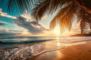 AI generated Sunny exotic beach by the ocean with palm trees at sunset summer vacation Generate AI photo