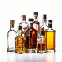 AI generated liquor bottles of different shapes isolated white background generative AI photo