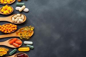 AI generated top view of antioxidants vitamin pills drug capsule generative AI photo