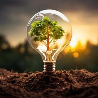 AI generated Photo tree growing on light bulb with sunshine generative AI